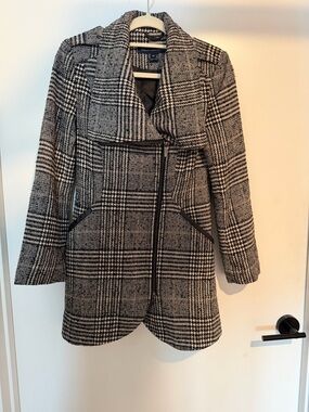 French Connection Black & White Plaid Trench Coat